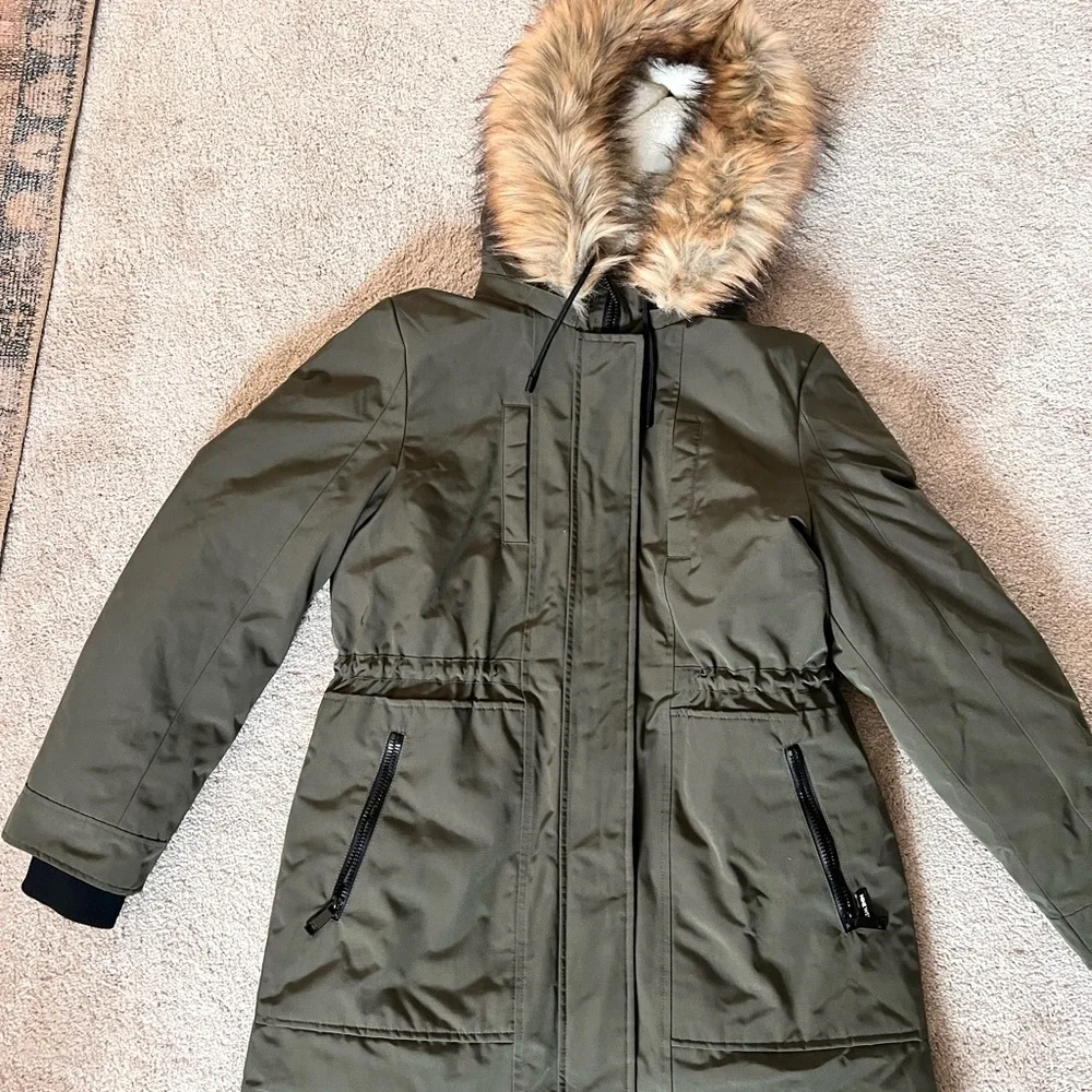 Nine West Fur Trim Hooded Parka Coat Green - Picture 2 of 12